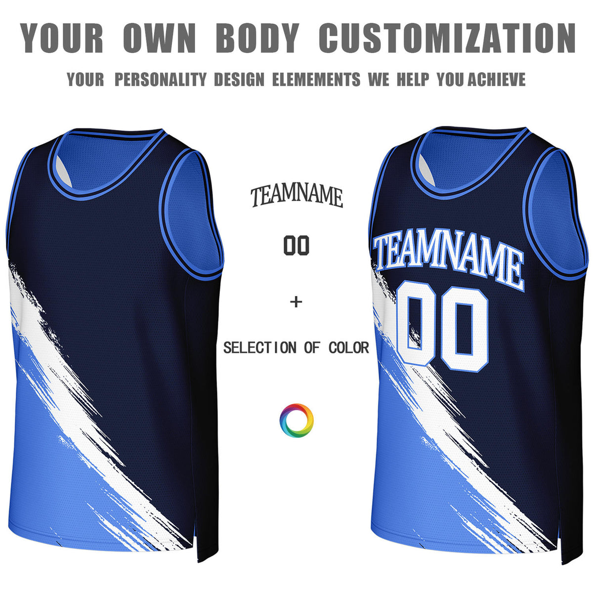 Custom Navy & Light Blue Brush Stroke Reversible Basketball Jersey | Personalized Team Uniforms for Adult & Youth