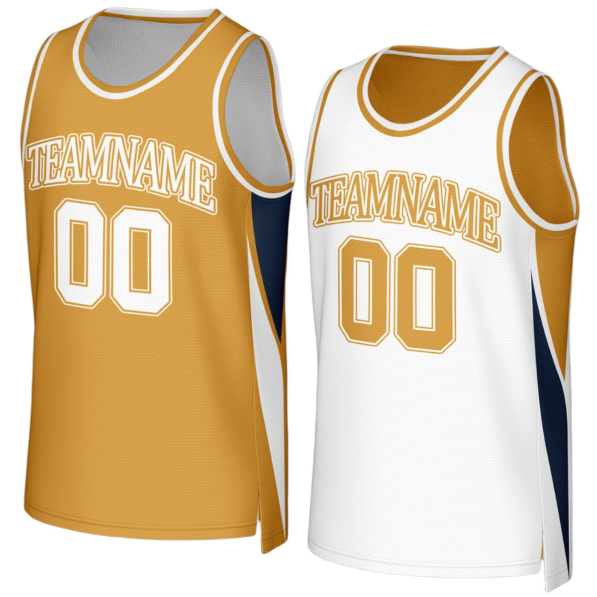 Custom basketball jerseys for youth teams reversible gold‑white jersey by Vosoli, personalized team name, number & logo on both sides, breathable mesh 2‑in‑1 for youth, high school and AAU teams