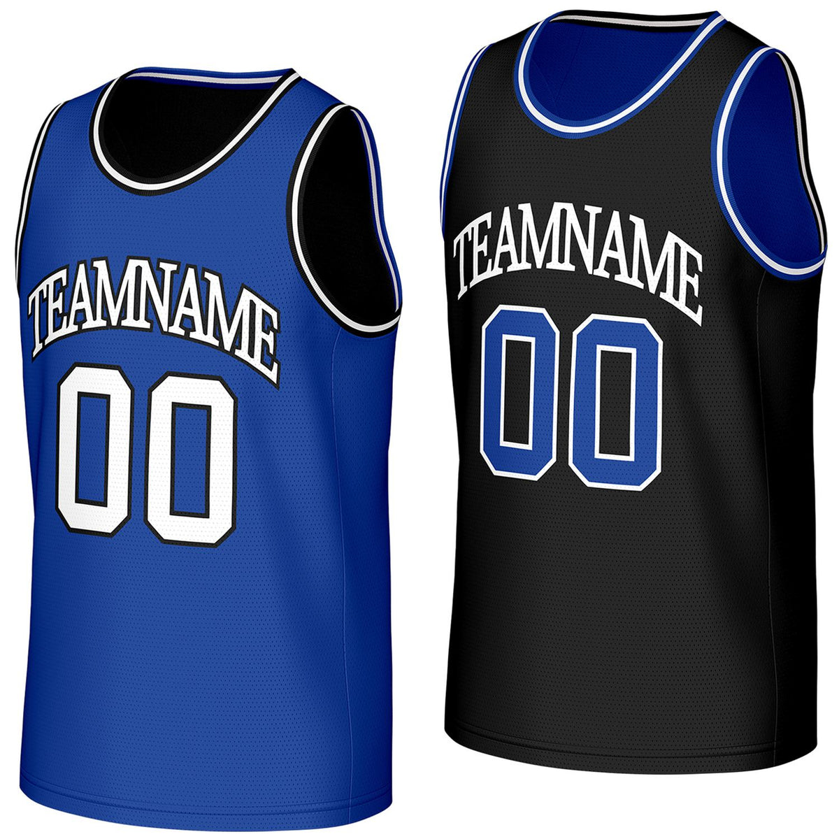 custom basketball jerseys no minimum blue black reversible by Vosoli, personalized team name, number &amp; logo, breathable mesh dual sided basketball jersey for team games