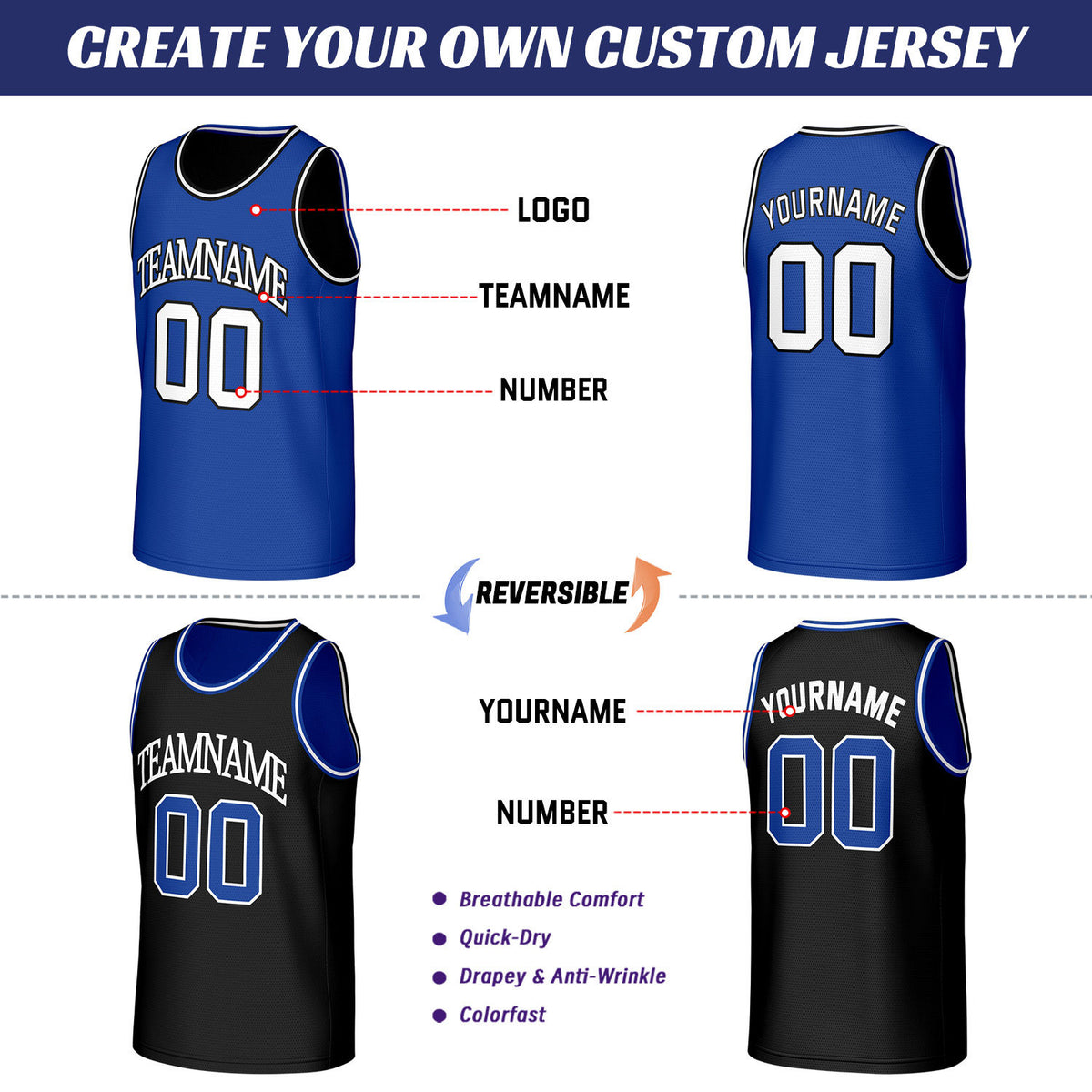Custom Blue & Black Reversible Basketball Jersey | Personalized Sleeveless Mesh Jersey for Men Women Youth