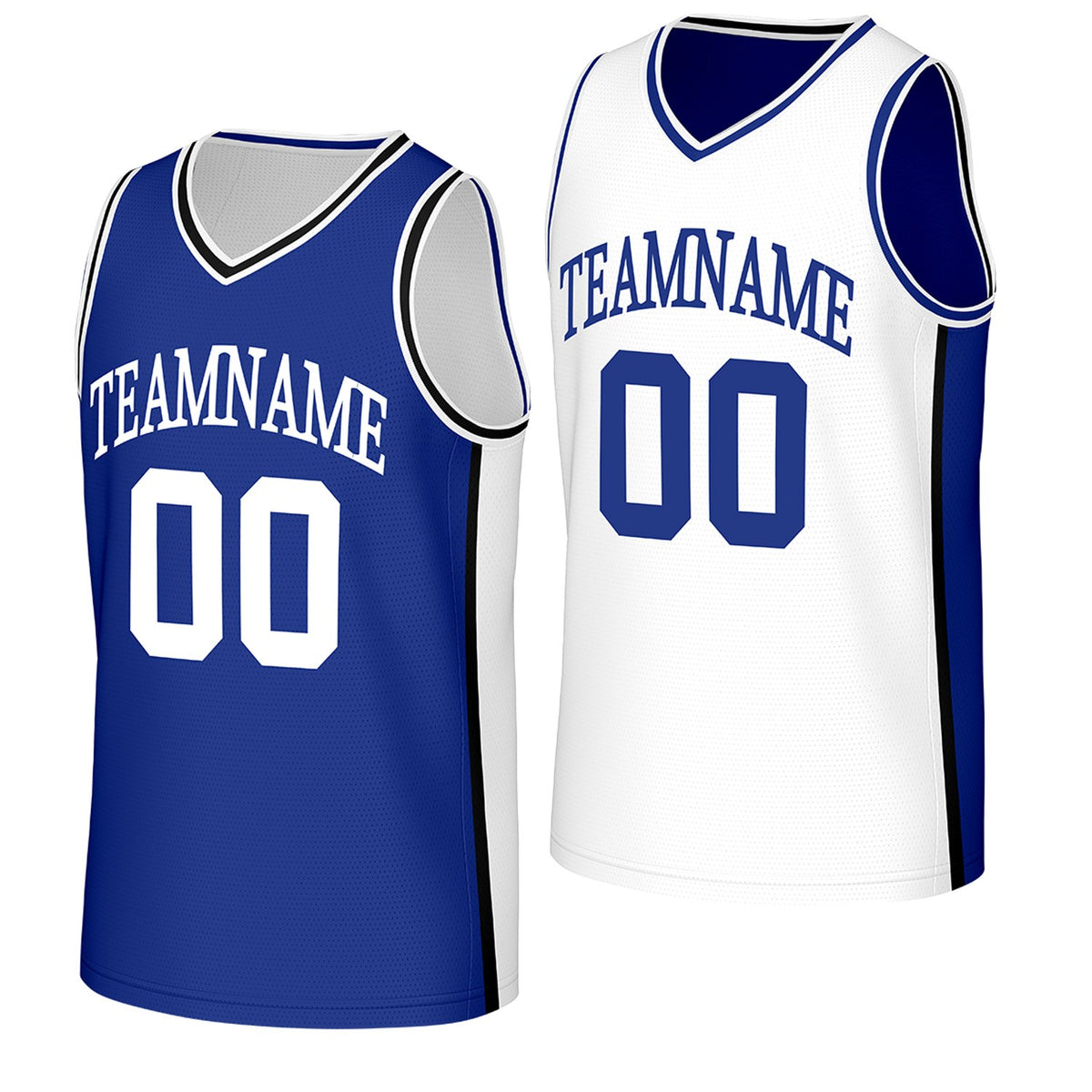 Custom basketball jerseys with names by Vosoli. Personalized blue & white reversible jersey with name, number & logo. Breathable mesh fabric. Fast US shipping.