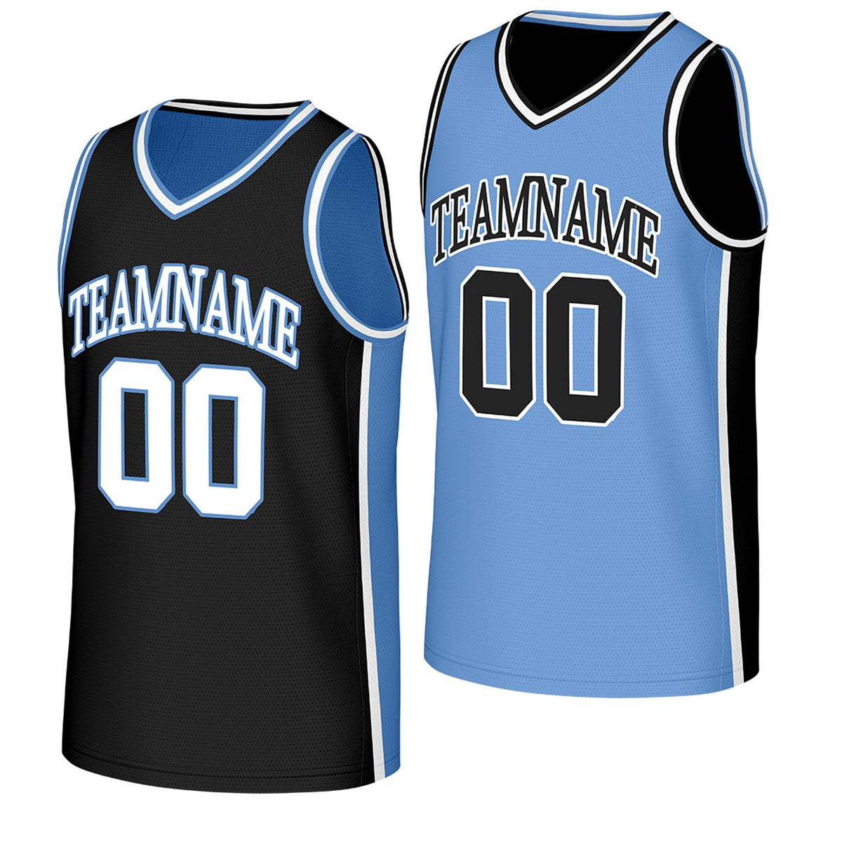 custom basketball jerseys with team logo black light blue reversible by Vosoli, Personalized team name, number &amp; logo. Fast delivery.