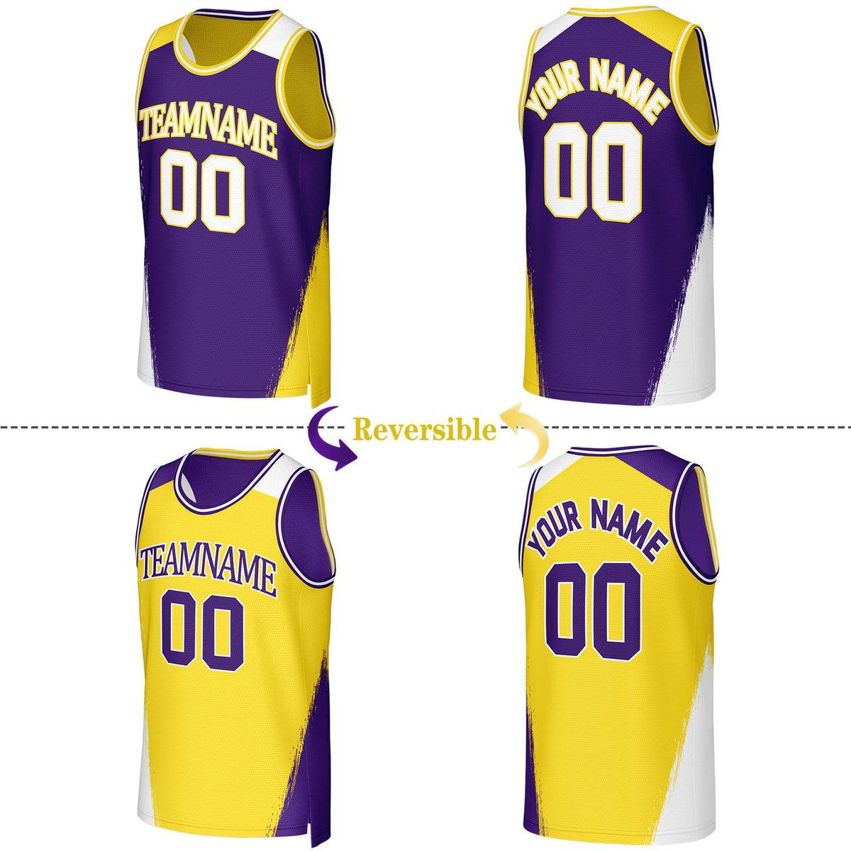 Custom Purple & Yellow Brush Stroke Reversible Basketball Jersey | Personalized Team Uniforms for Adult & Youth