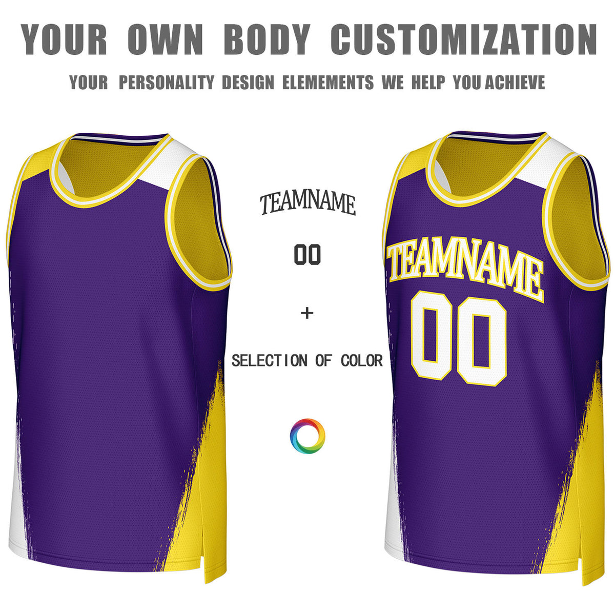 Custom Purple & Yellow Brush Stroke Reversible Basketball Jersey | Personalized Team Uniforms for Adult & Youth