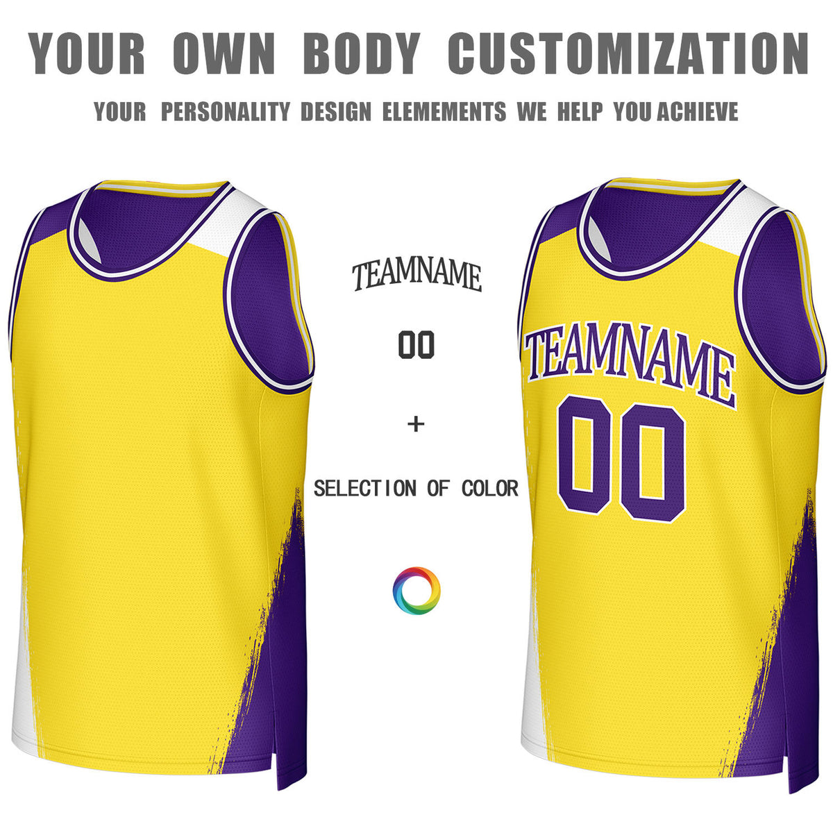 Custom Purple & Yellow Brush Stroke Reversible Basketball Jersey | Personalized Team Uniforms for Adult & Youth