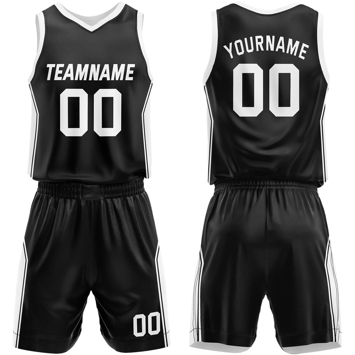 Custom basketball league uniforms black‑white by Vosoli, personalized team name, number & logo, quick‑dry mesh fabric for league game‑ready basketball team outfits