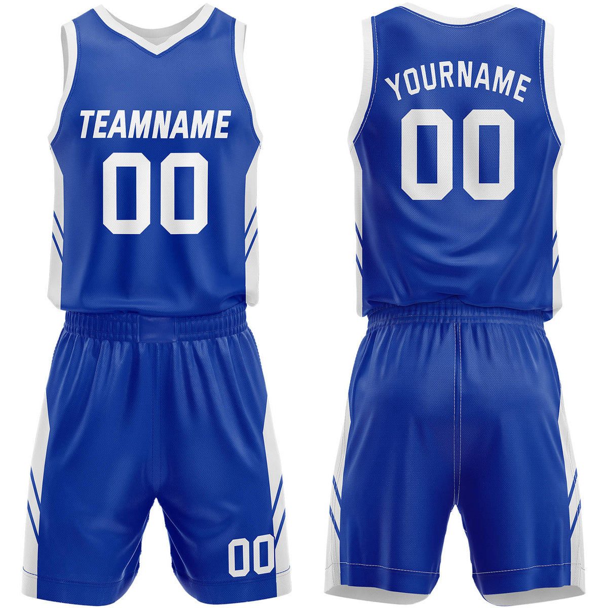 Custom basketball league uniforms blue‑white by Vosoli, personalized team name, number & logo, quick‑dry mesh fabric for league game‑ready basketball team outfits