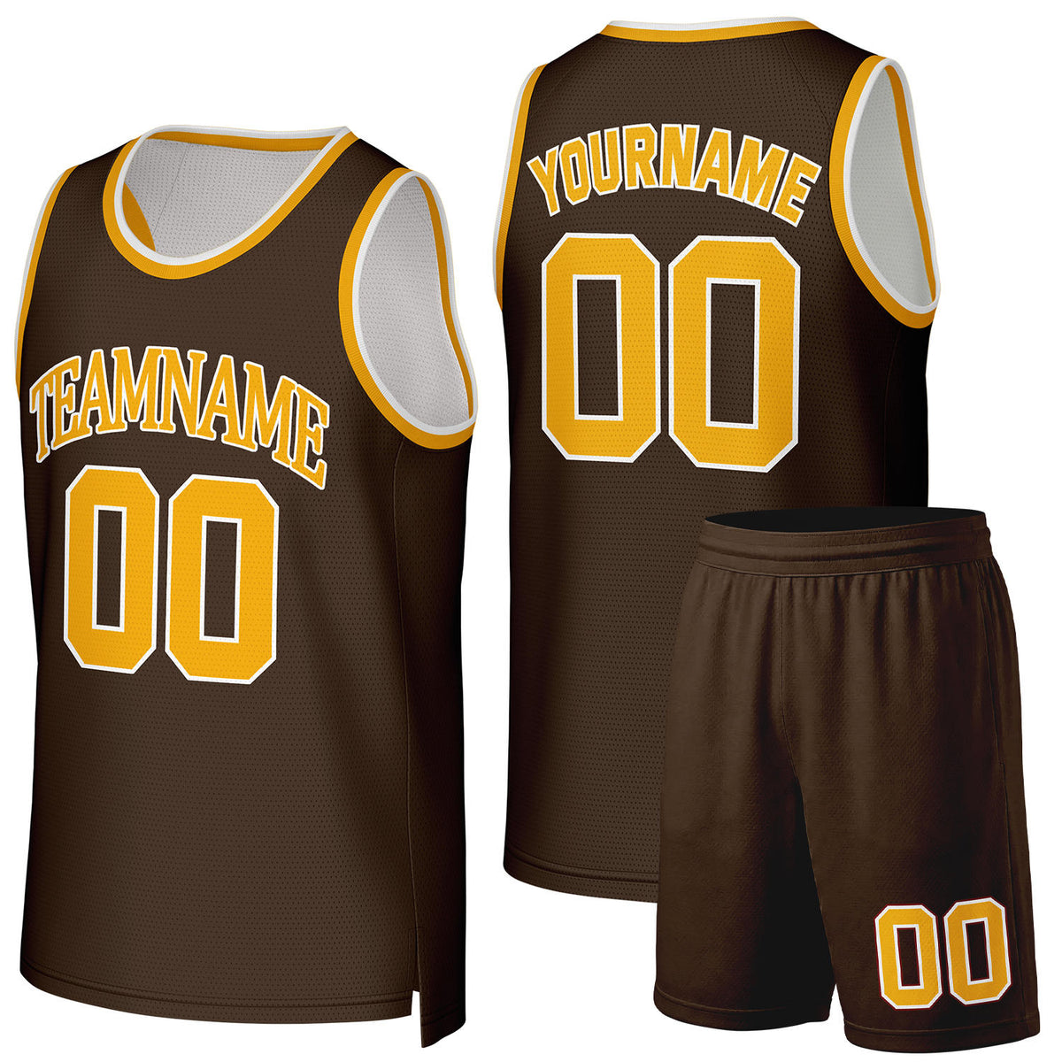 Custom basketball league uniforms brown‑gold by Vosoli, personalized team name, number & logo, quick‑dry mesh fabric for league game‑ready basketball team outfits
