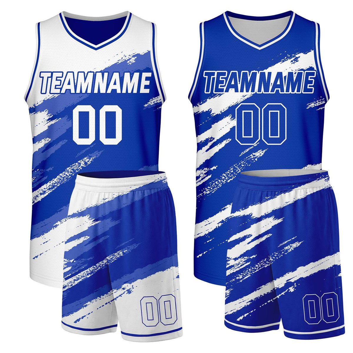 Custom basketball league uniforms blue‑white reversible by Vosoli, personalized team name, number & logo, durable dual‑sided mesh fabric for custom game‑ready team sportswear