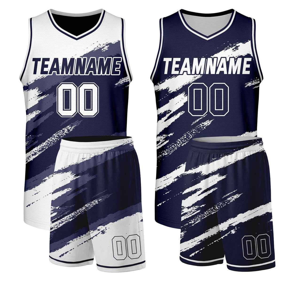 Custom basketball league uniforms navy‑white reversible by Vosoli, personalized team name, number & logo, durable dual‑sided mesh fabric for custom game‑ready team sportswear