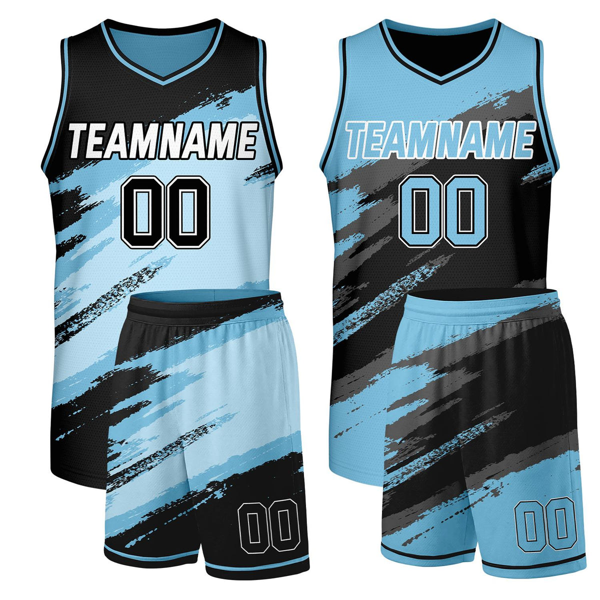 Custom basketball league uniforms skyblue‑black reversible by Vosoli, personalized team name, number & logo, durable dual‑sided mesh fabric for custom game‑ready team sportswear