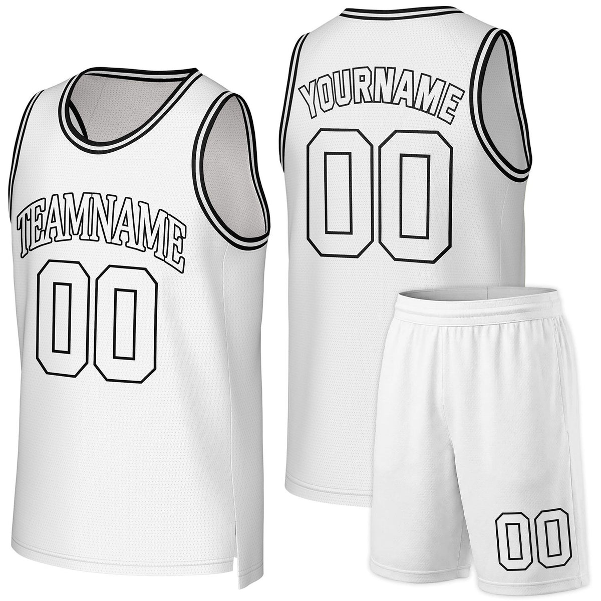 Custom basketball league uniforms white‑black by Vosoli, personalized team name, number & logo, quick‑dry mesh fabric for league game‑ready basketball team outfits