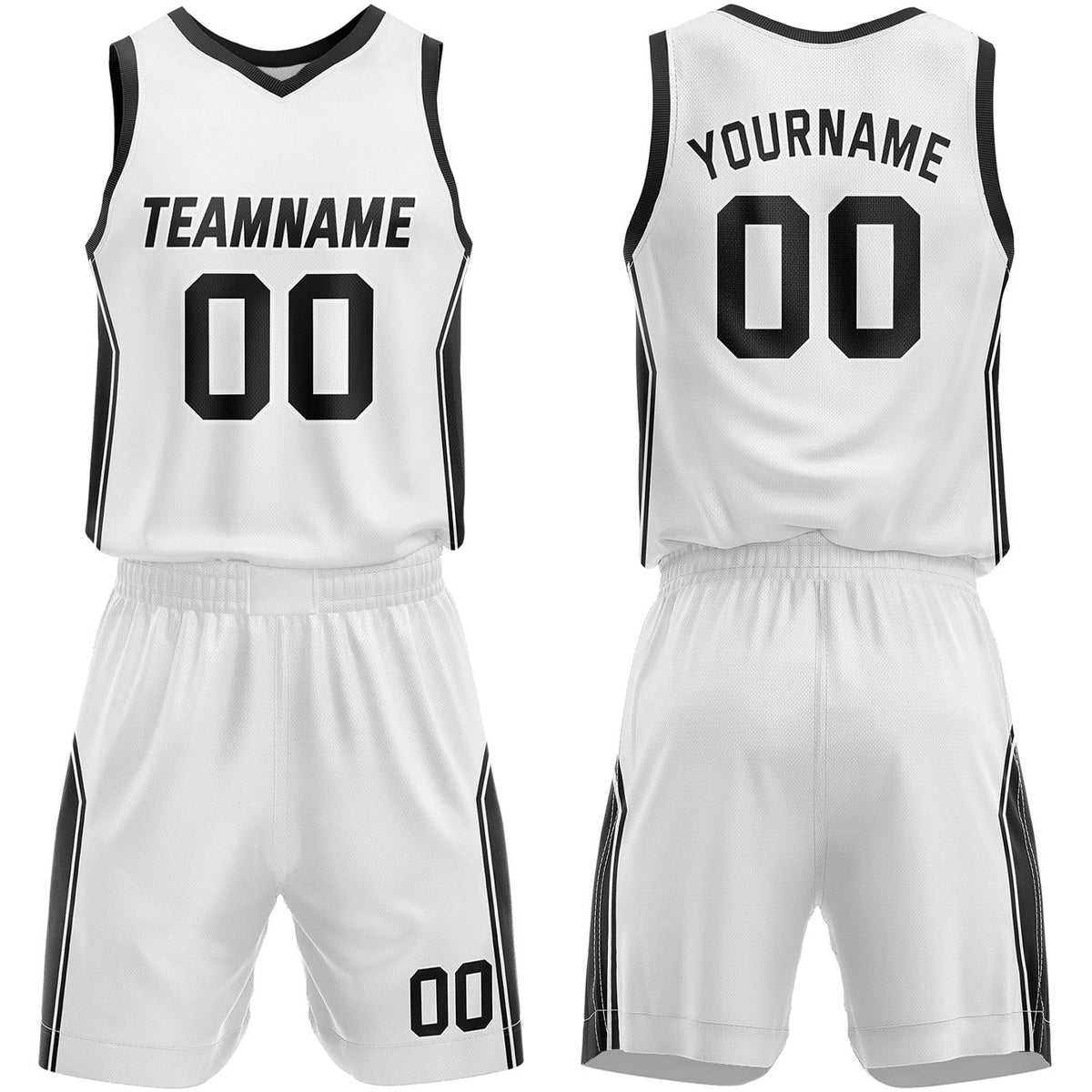 Custom basketball league uniforms white‑black by Vosoli, personalized team name, number & logo, quick‑dry mesh fabric for league game‑ready basketball team outfits