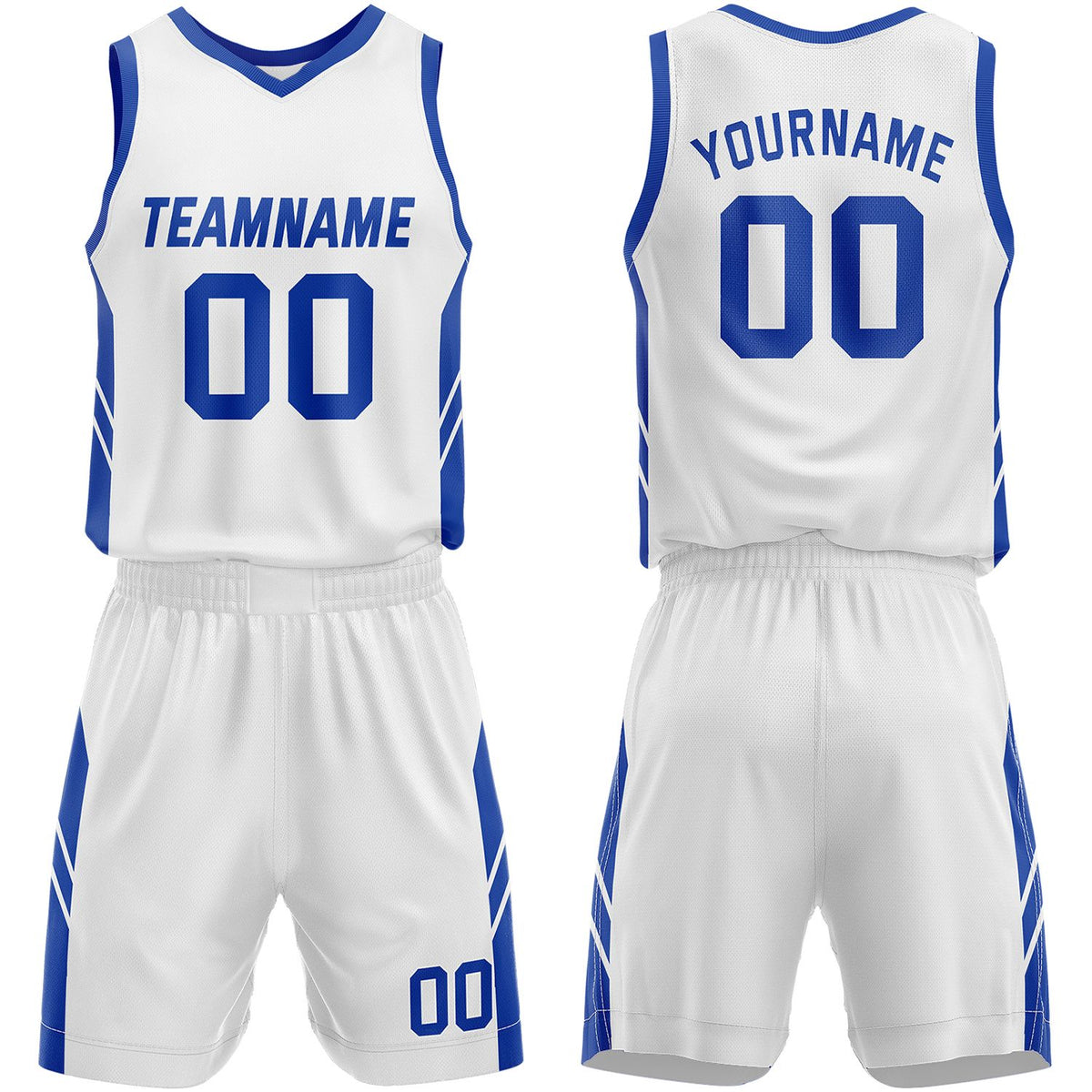 Custom basketball league uniforms white‑blue by Vosoli, personalized team name, number & logo, quick‑dry mesh fabric for league game‑ready basketball team outfits