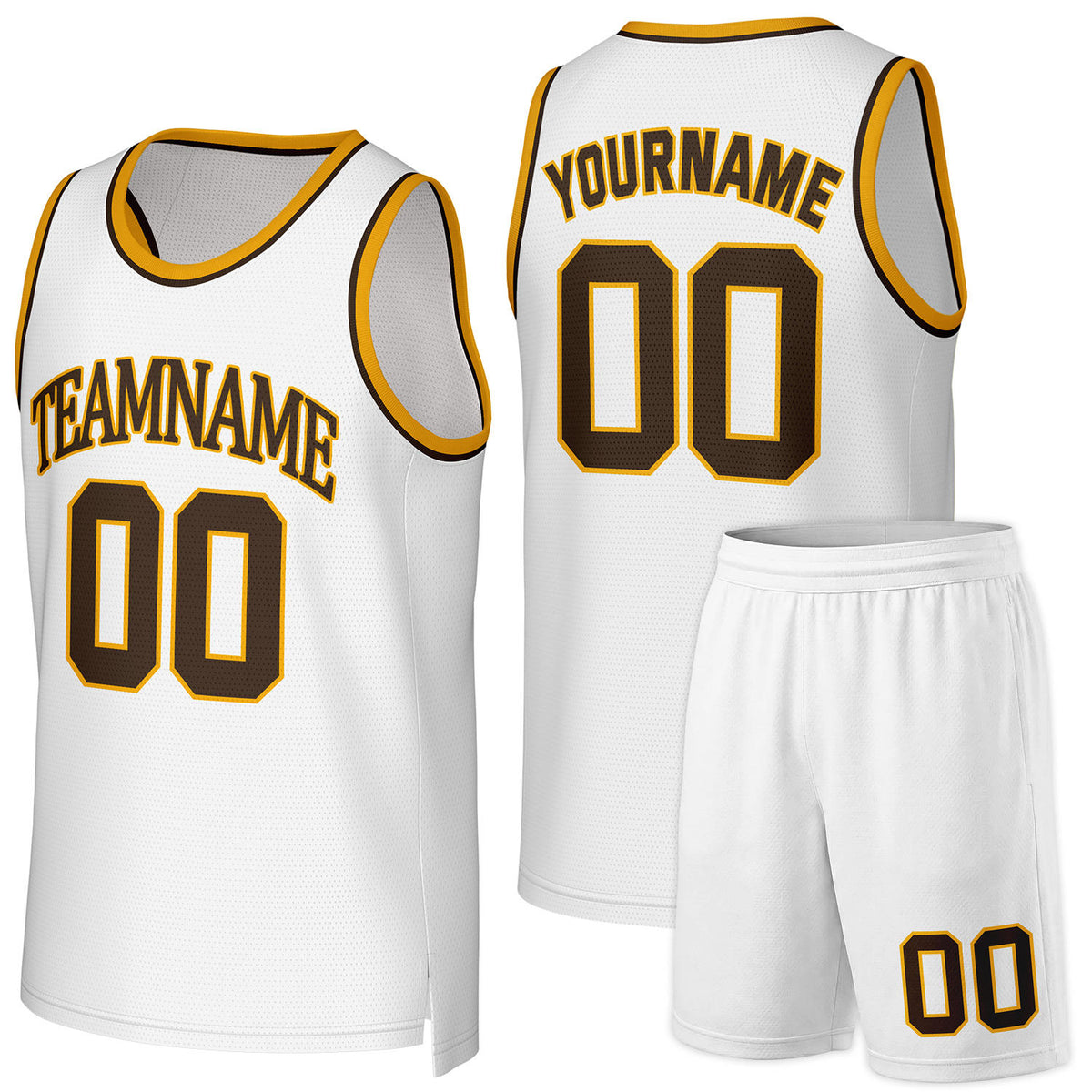 Custom basketball league uniforms white‑gold by Vosoli, personalized team name, number & logo, quick‑dry mesh fabric for league game‑ready basketball team outfits