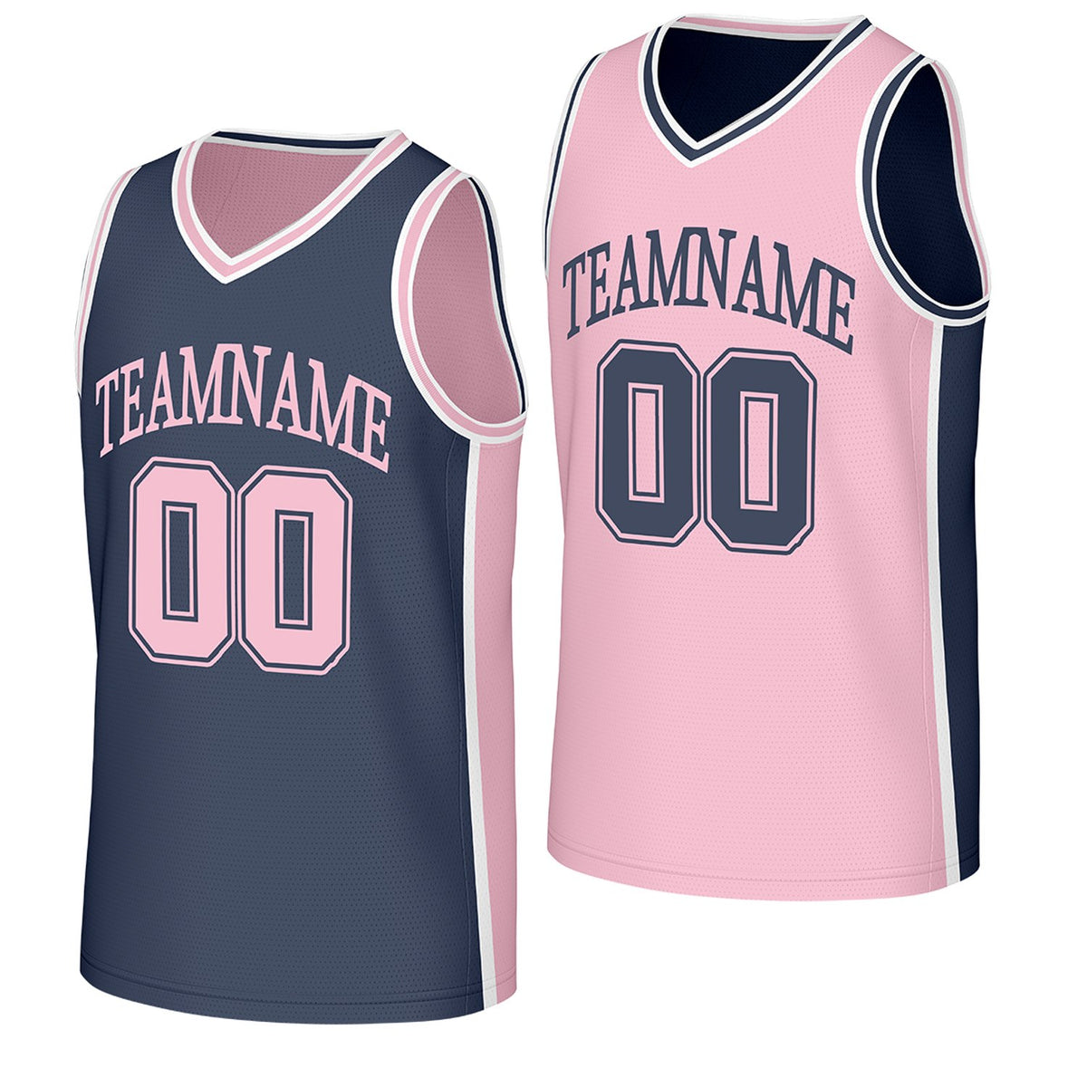custom basketball jerseys no minimum navy pink reversible by Vosoli, Personalized team name, number & logo. Fast delivery.