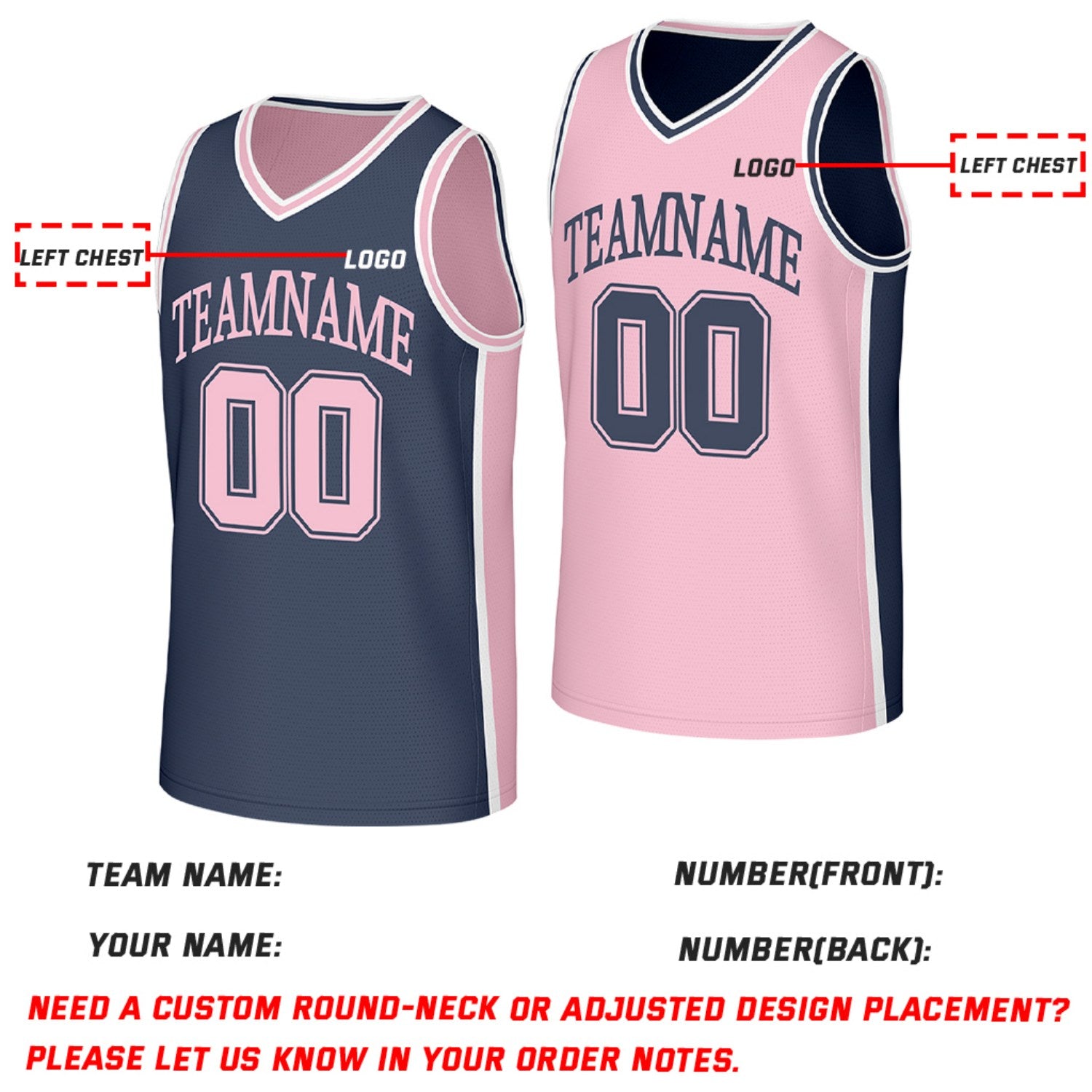 Custom Navy & Pink Reversible Basketball Jersey | Personalized Team Jerseys with Name Number Logo
