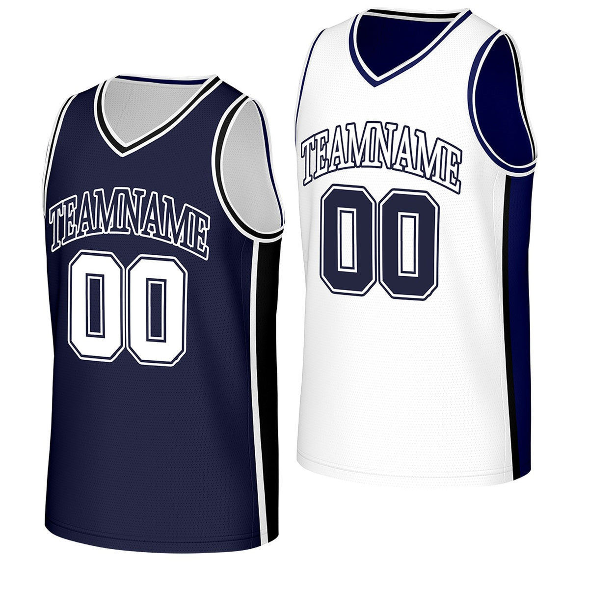 Custom basketball jersey team order by Vosoli. Personalized navy &amp; white reversible jersey with name, number &amp; logo. Breathable mesh fabric. Fast US shipping.