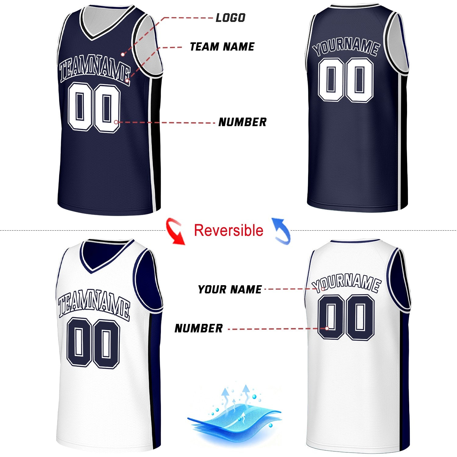 Custom Navy & White Reversible Basketball Jersey | Personalized Team Jerseys with Name Number Logo