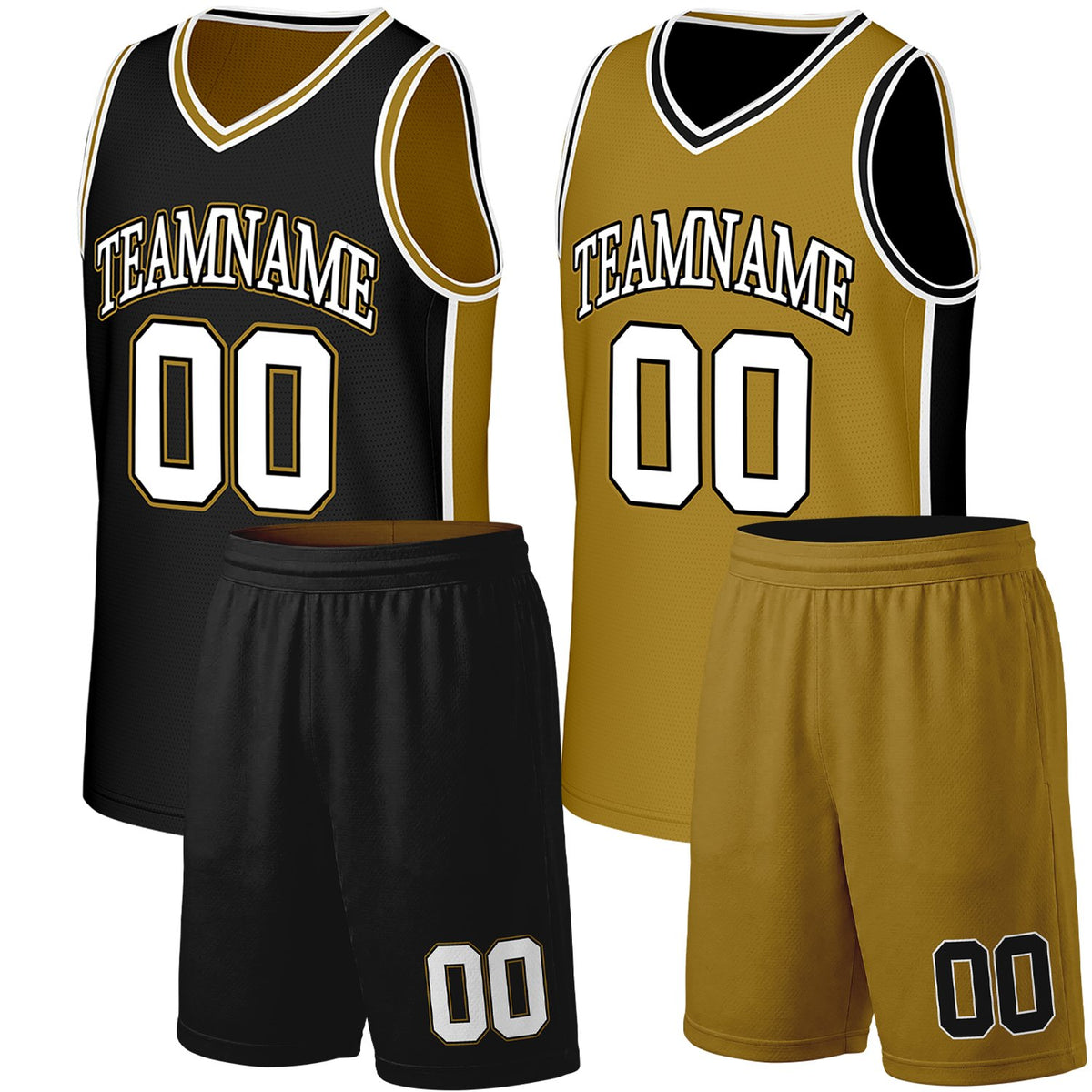 custom basketball team uniform black gold reversible by Vosoli. Personalized team name, player number &amp; logo. Breathable mesh. Fast delivery.
