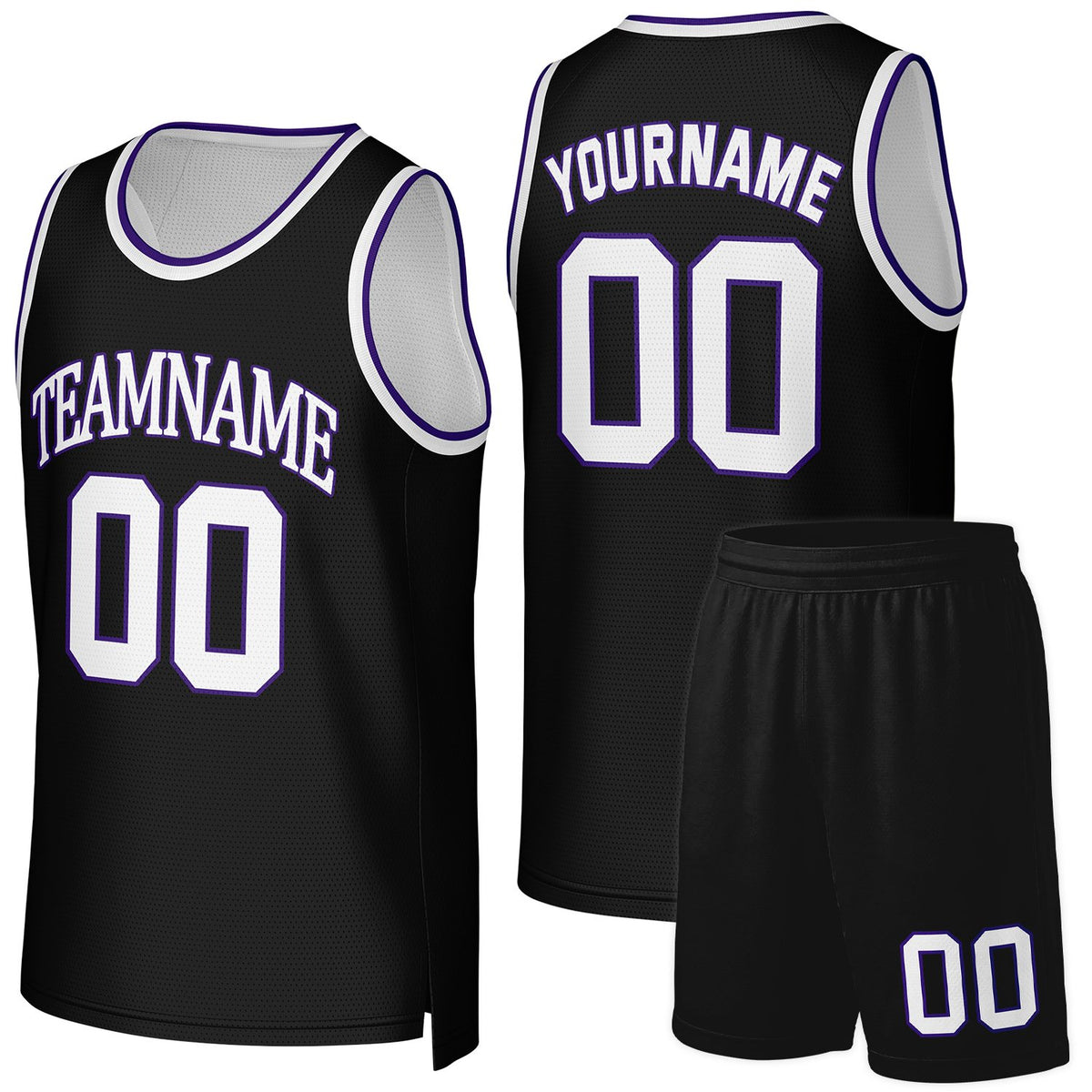 Custom basketball team uniform black‑white by Vosoli, personalized team name, number & logo, quick‑dry mesh fabric for custom team game‑ready basketball outfits