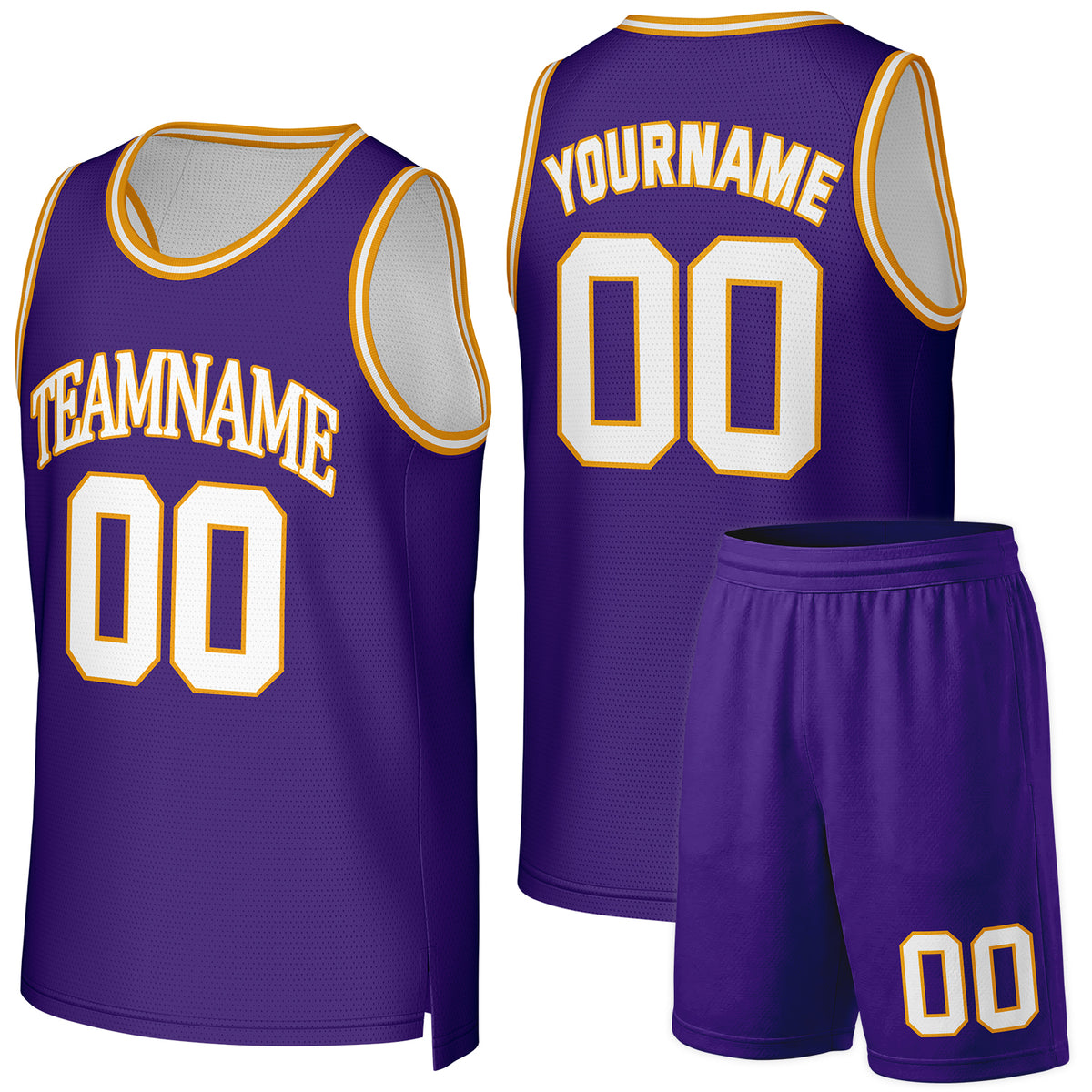 Custom basketball team uniform purple‑gold by Vosoli, personalized team name, number & logo, quick‑dry mesh fabric for custom team game‑ready basketball outfits