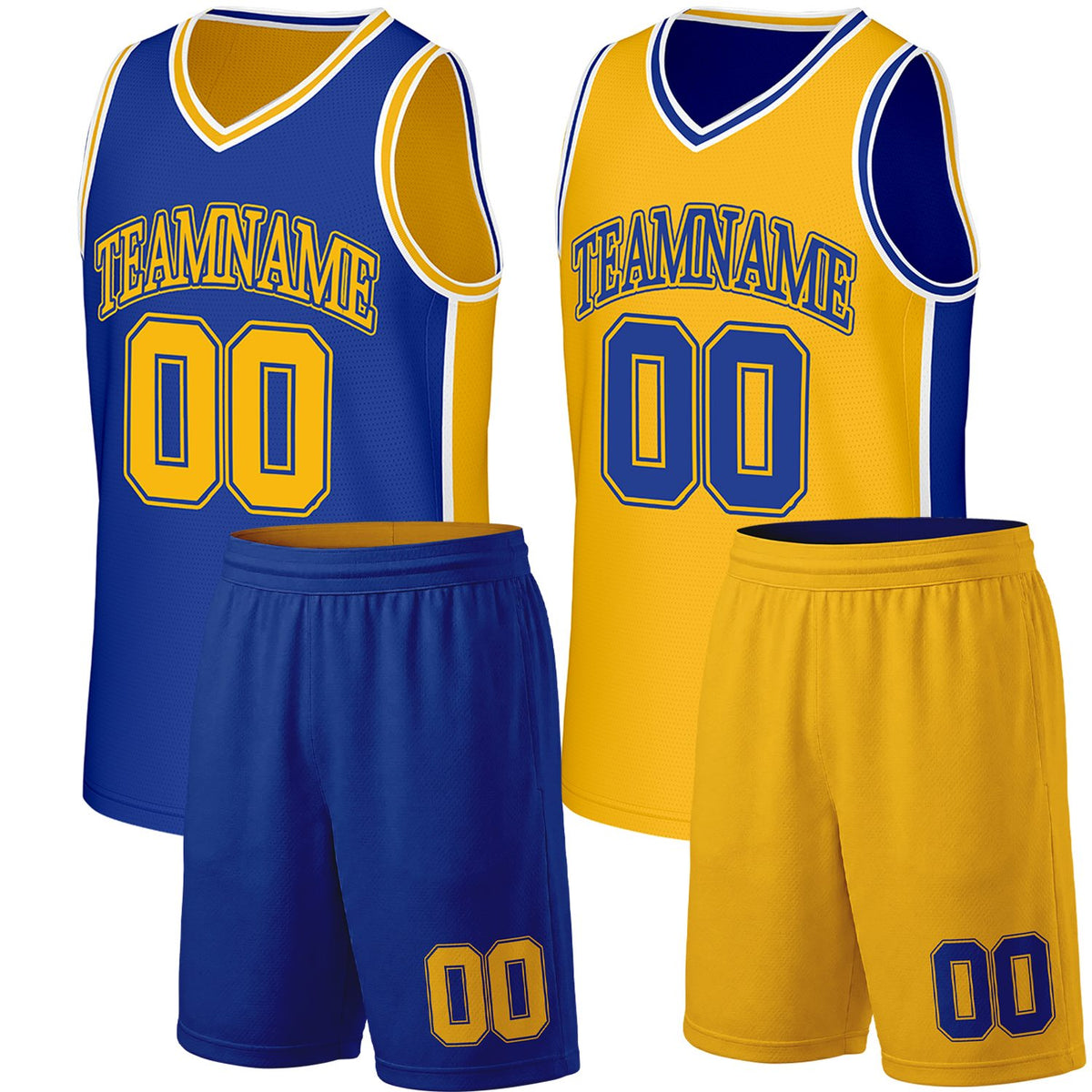 Shop custom basketball team uniform from Vosoli. Royal Blue gold reversible design with personalized team name, numbers and logo. Fast shipping for youth and adult.