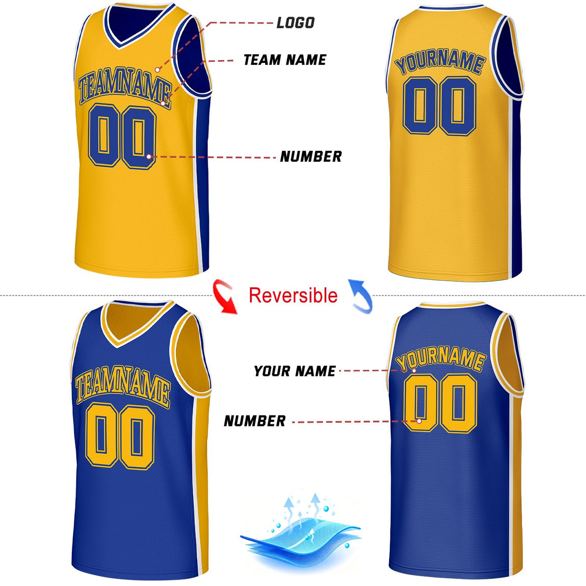 Custom Royal Blue & Gold Reversible Basketball Jersey & Shorts Set | Personalized Team Uniforms for Adult & Youth