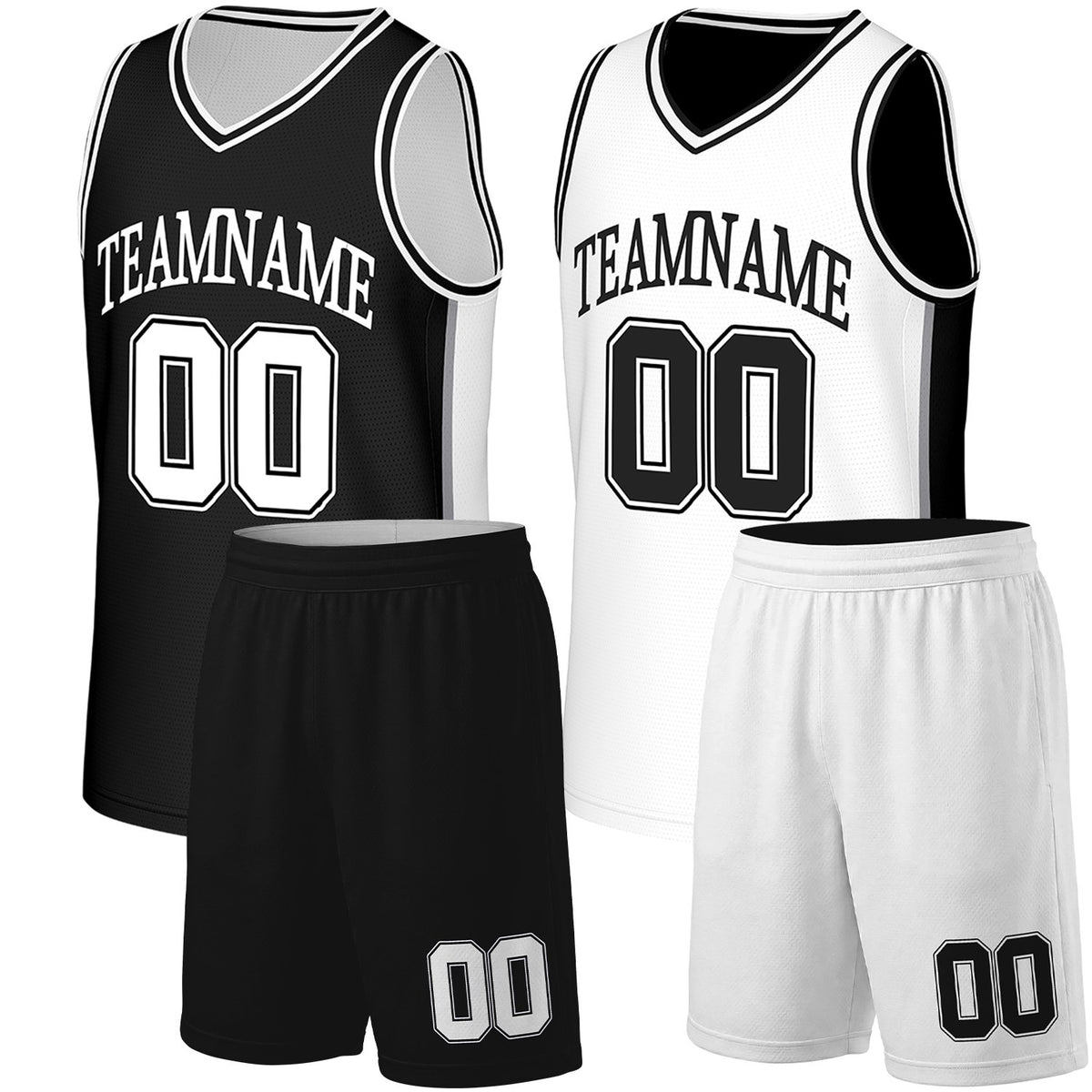 custom basketball team uniform set black white reversible by Vosoli. Personalized team name, player number & logo. Breathable mesh. Fast delivery.