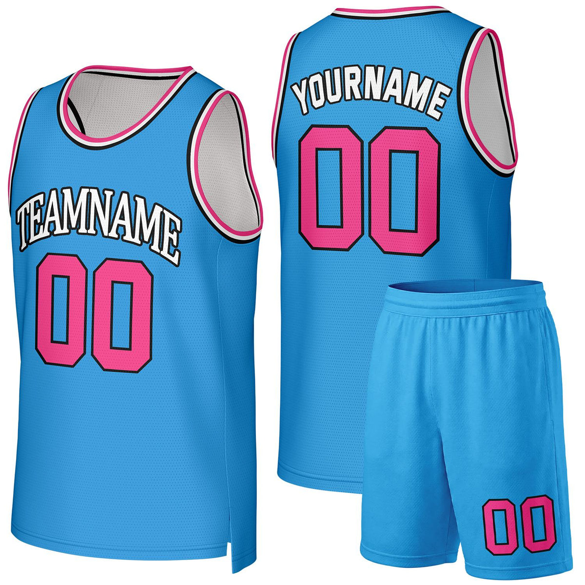 Custom basketball team uniform set cyan‑pink by Vosoli, personalized team name, number & logo, quick‑dry mesh fabric for custom team game‑ready basketball outfits