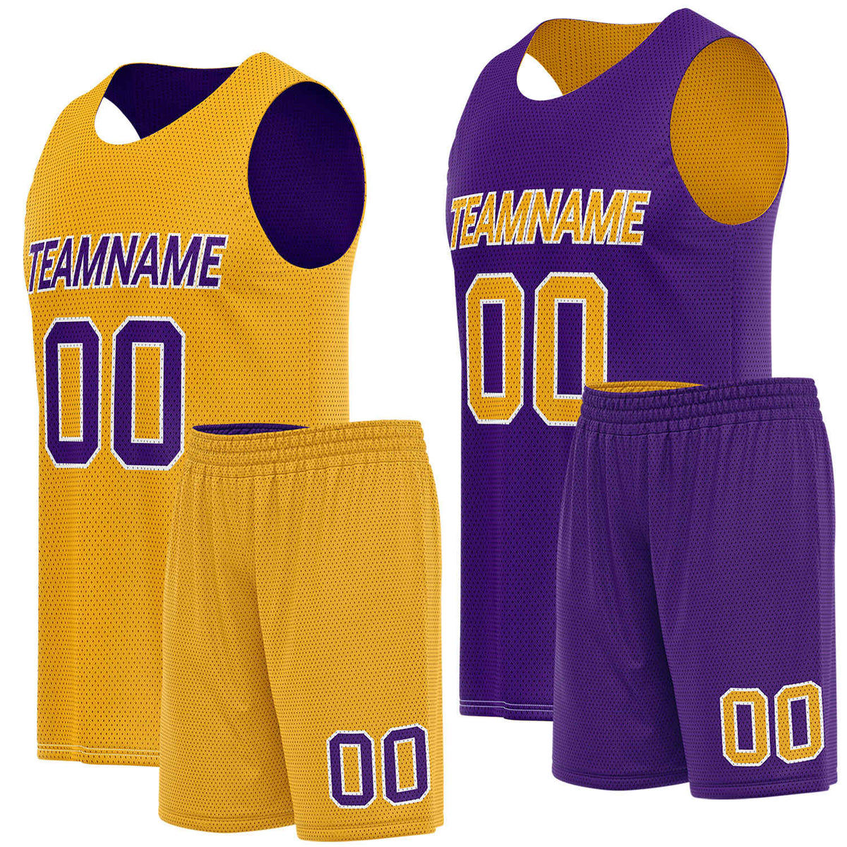 Custom basketball team uniform set gold purple reversible by Vosoli. Personalized team name, player number &amp; logo. Breathable mesh. Fast delivery.