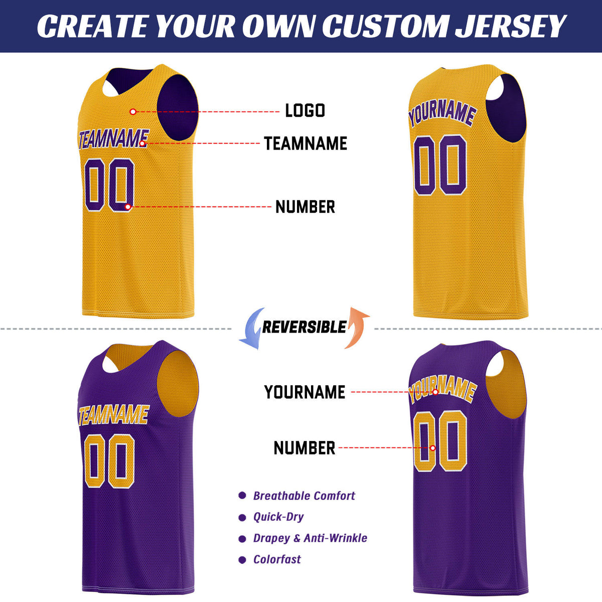 Custom Gold & Purple Reversible Basketball Uniform Set | Breathable Mesh Tank Top and Shorts