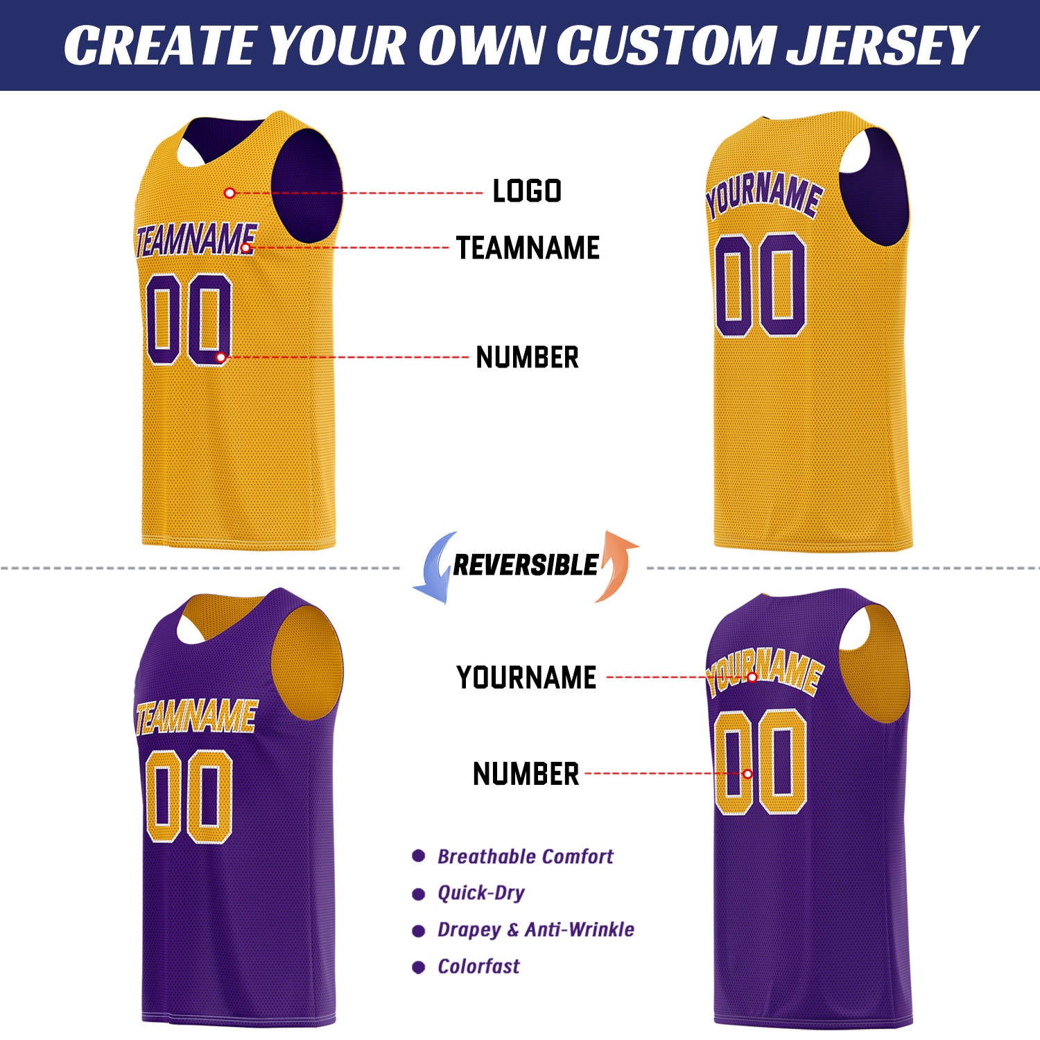 Custom Gold & Purple Reversible Basketball Uniform Set | Breathable Mesh Tank Top and Shorts