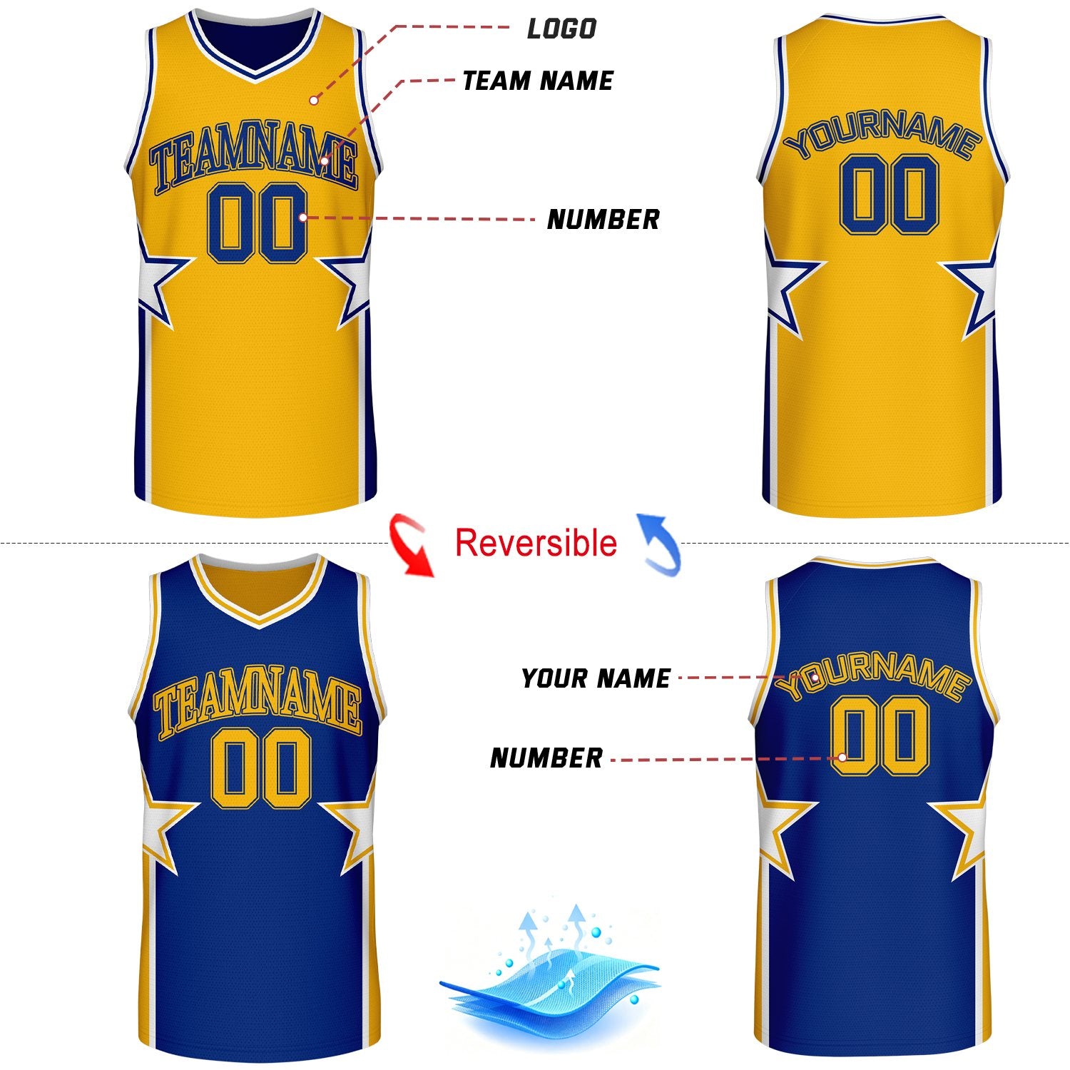 Custom basketball team uniform set gold royal blue reversible by Vosoli. Personalized team name, player number & logo. Breathable mesh. Fast delivery.