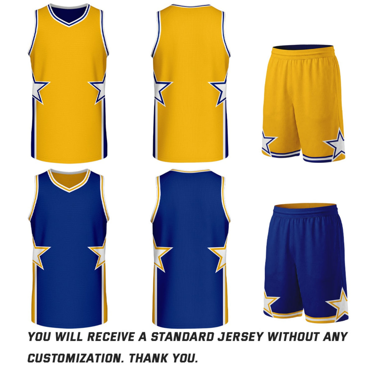 Custom Gold & Royal Blue Star Reversible Basketball Uniform Set | Breathable Mesh Jersey & Shorts