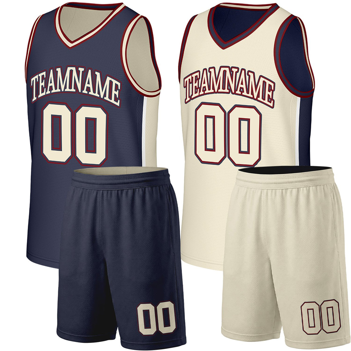 custom basketball team uniform set navy cream reversible by Vosoli. Personalized team name, player number &amp; logo. Breathable mesh. Fast delivery.