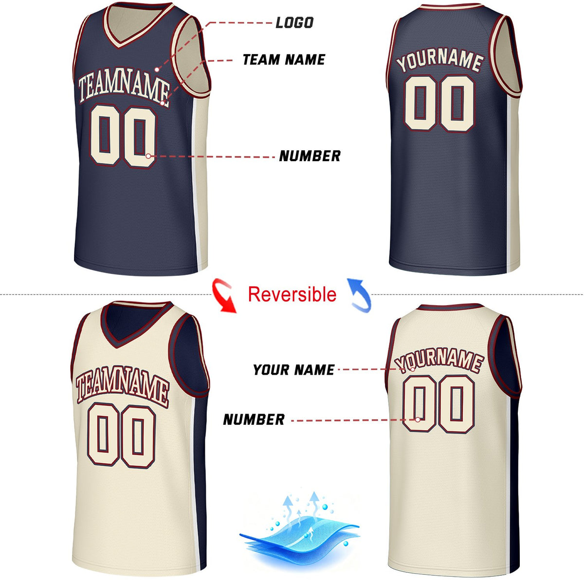 Custom Navy & Cream Reversible Basketball Jersey & Shorts Set | Personalized Team Uniforms for Adult & Youth