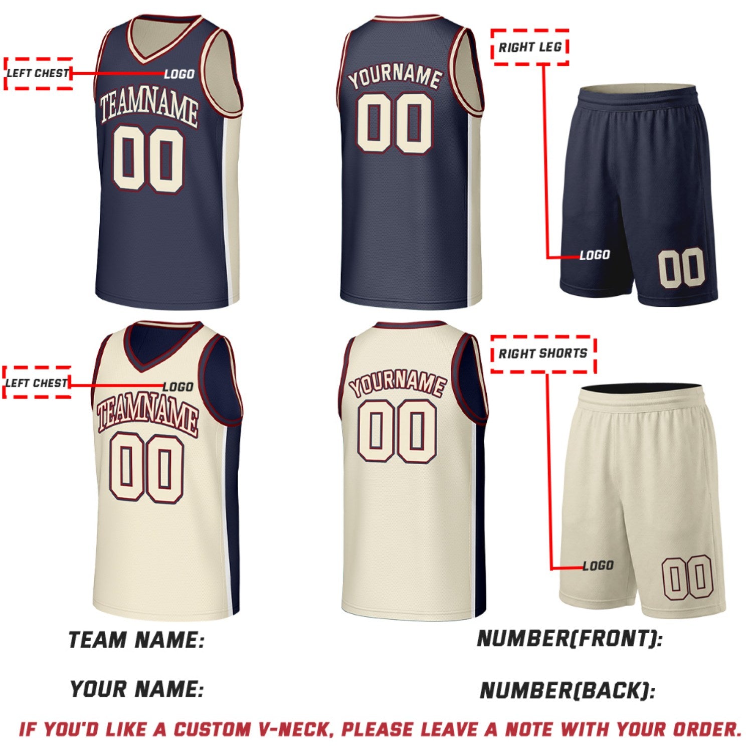 Custom Navy & Cream Reversible Basketball Jersey & Shorts Set | Personalized Team Uniforms for Adult & Youth