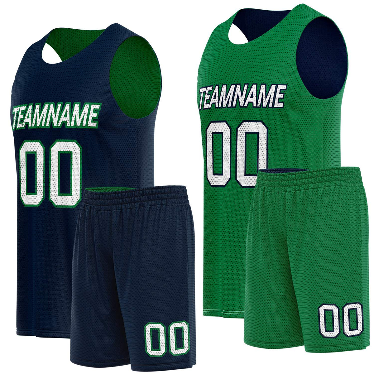 Custom basketball team uniform set navy kelly green reversible by Vosoli. Personalized team name, player number &amp; logo. Breathable mesh. Fast delivery.