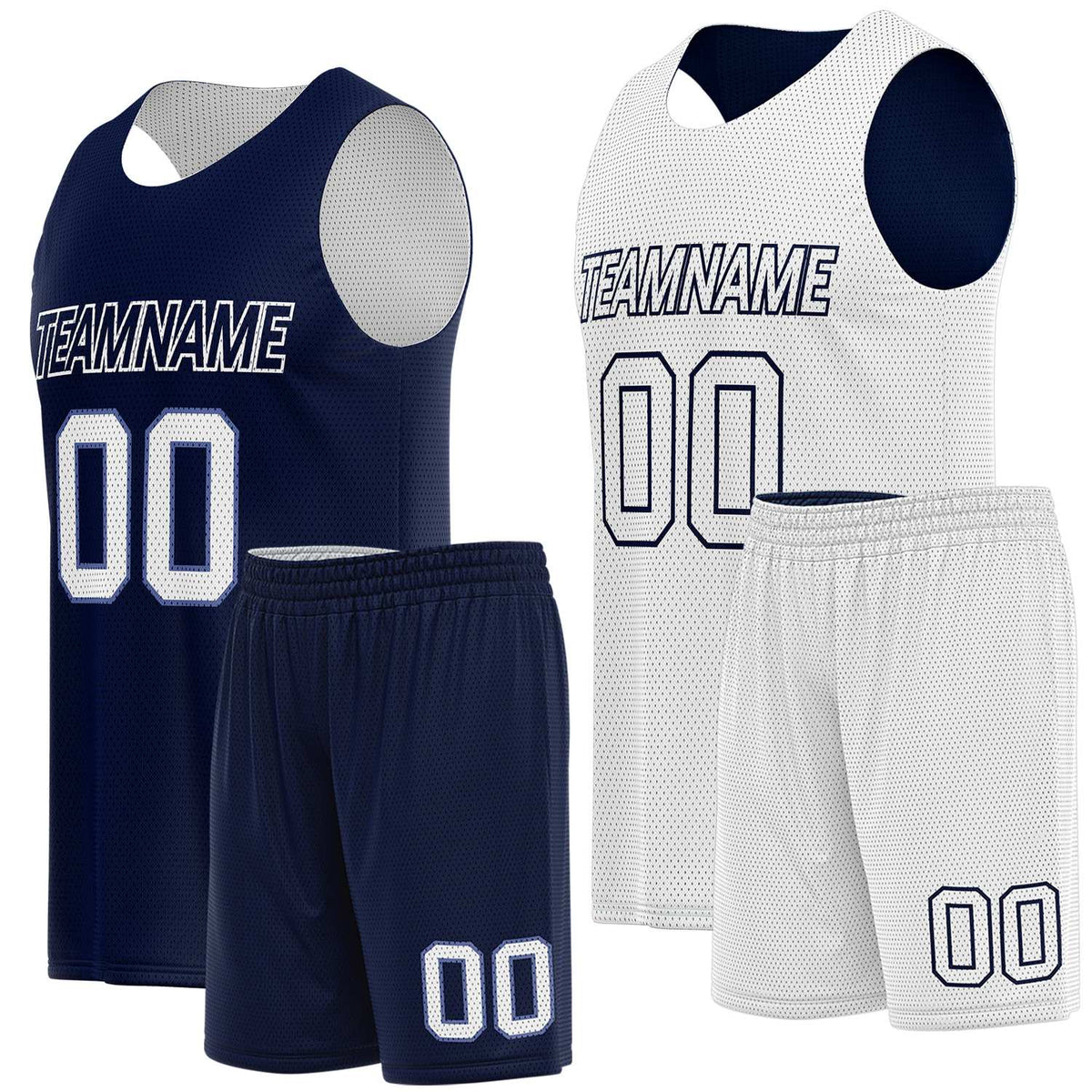 Custom basketball team uniform set navy white reversible by Vosoli. Personalized team name, player number &amp; logo. Breathable mesh. Fast delivery.