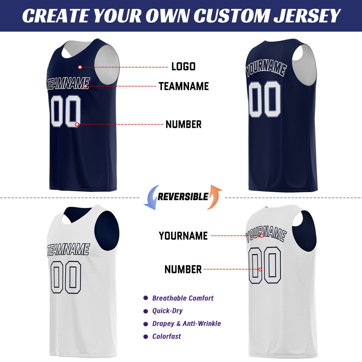 Custom Navy & White Reversible Basketball Uniform Set | Breathable Mesh Tank Top and Shorts