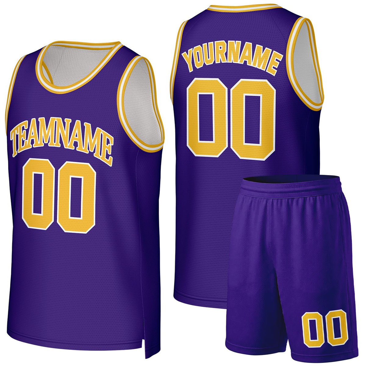 Custom basketball team uniform set purple‑gold by Vosoli, personalized team name, number & logo, quick‑dry mesh fabric for custom team game‑ready basketball outfits