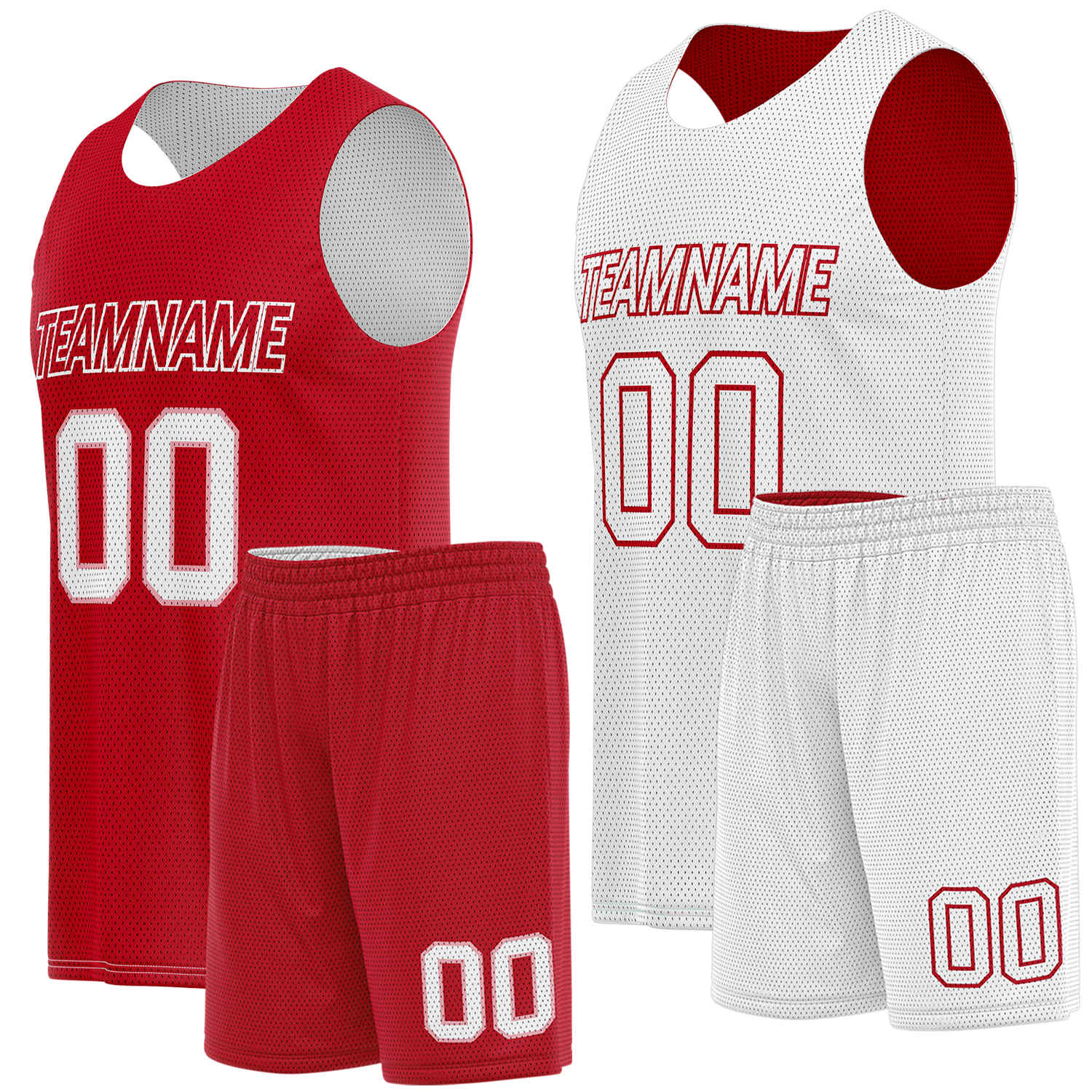 Custom basketball team uniform set red white reversible by Vosoli. Personalized team name, player number & logo. Breathable mesh. Fast delivery.