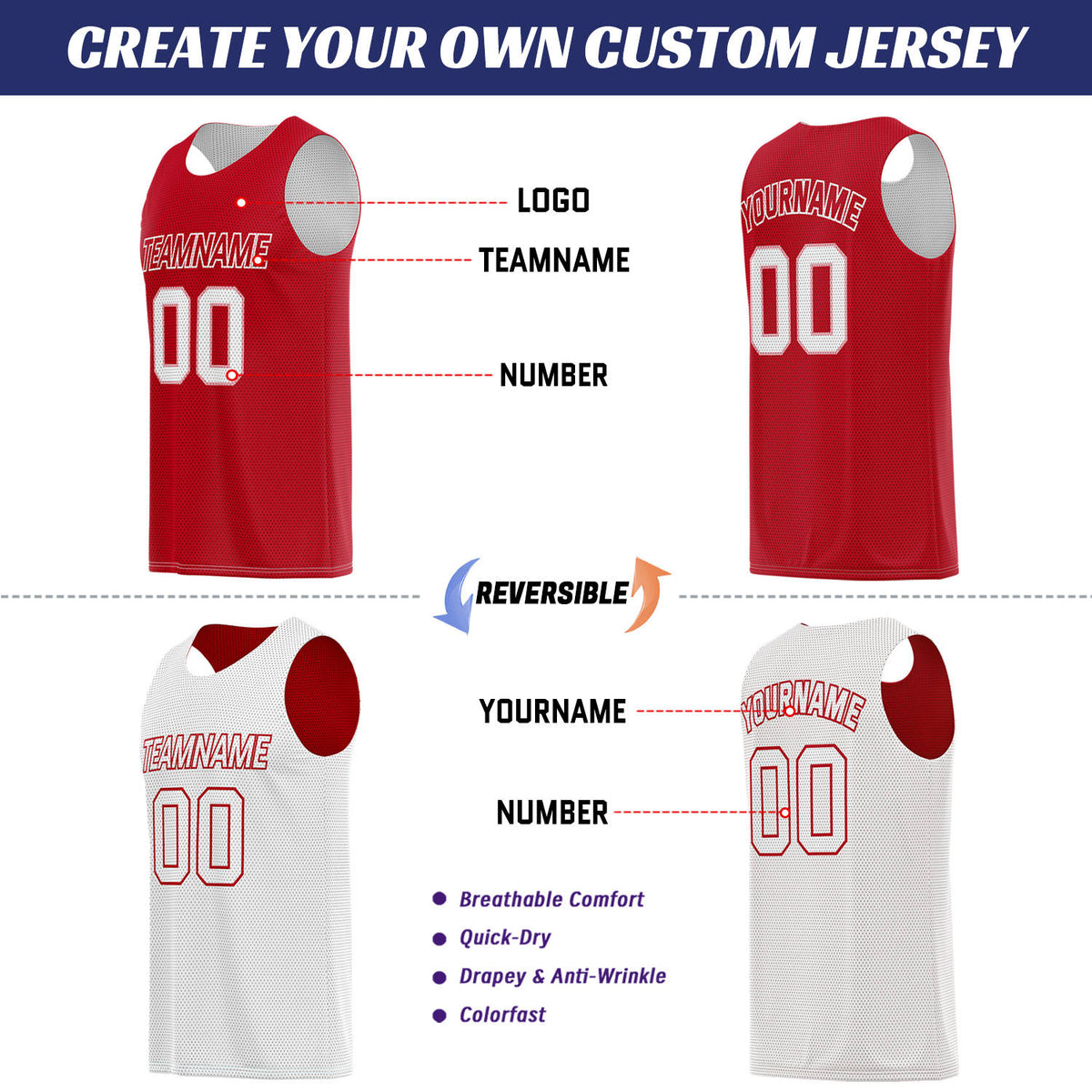 Custom Red & White Reversible Basketball Uniform Set | Breathable Mesh Tank Top and Shorts