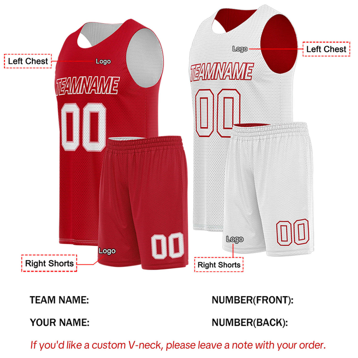 Custom Red & White Reversible Basketball Uniform Set | Breathable Mesh Tank Top and Shorts