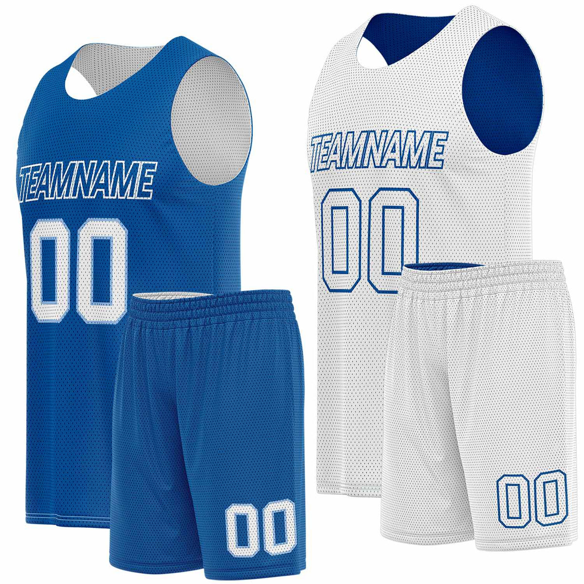 Custom basketball team uniform set royal blue white reversible by Vosoli. Personalized team name, player number &amp; logo. Breathable mesh. Fast delivery.