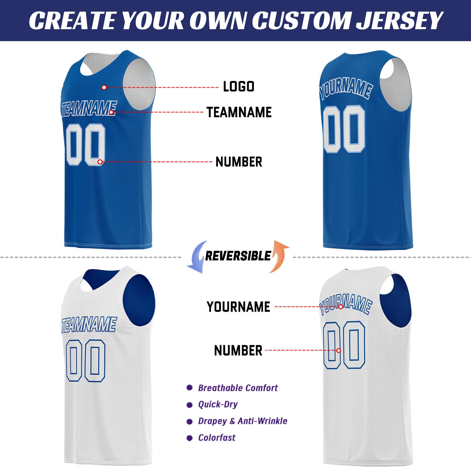 Custom Royal Blue & White Reversible Basketball Uniform Set | Breathable Mesh Tank Top and Shorts