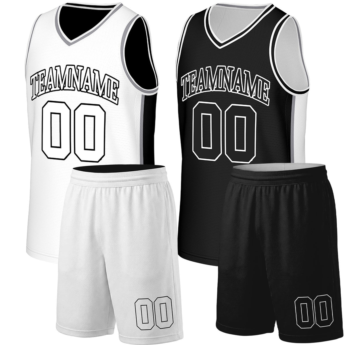 custom basketball team uniform white black reversible by Vosoli. Personalized team name, player number & logo. Breathable mesh. Fast delivery.