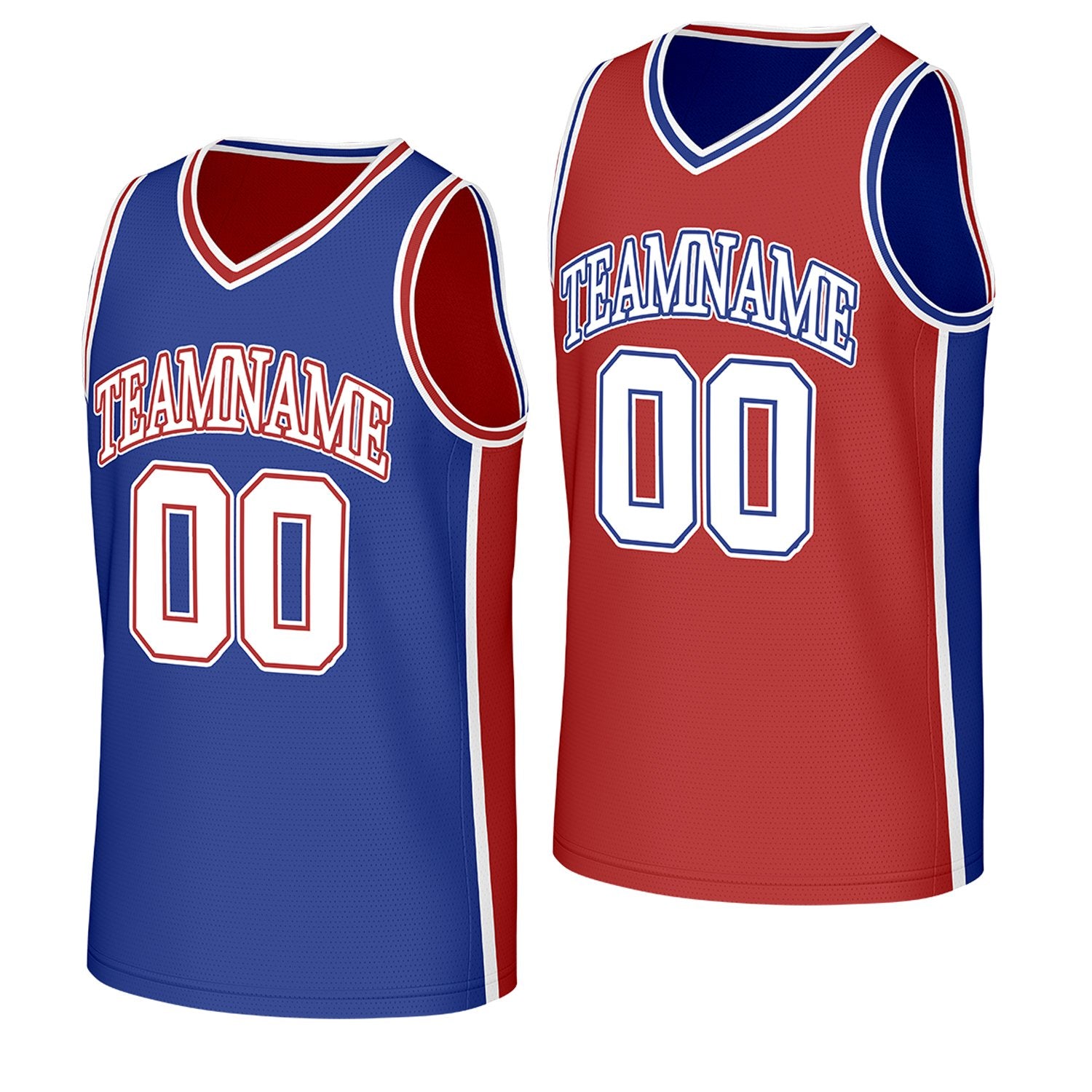 custom basketball jerseys for tournaments blue red reversible by Vosoli, Personalized team name, number & logo. Fast delivery.