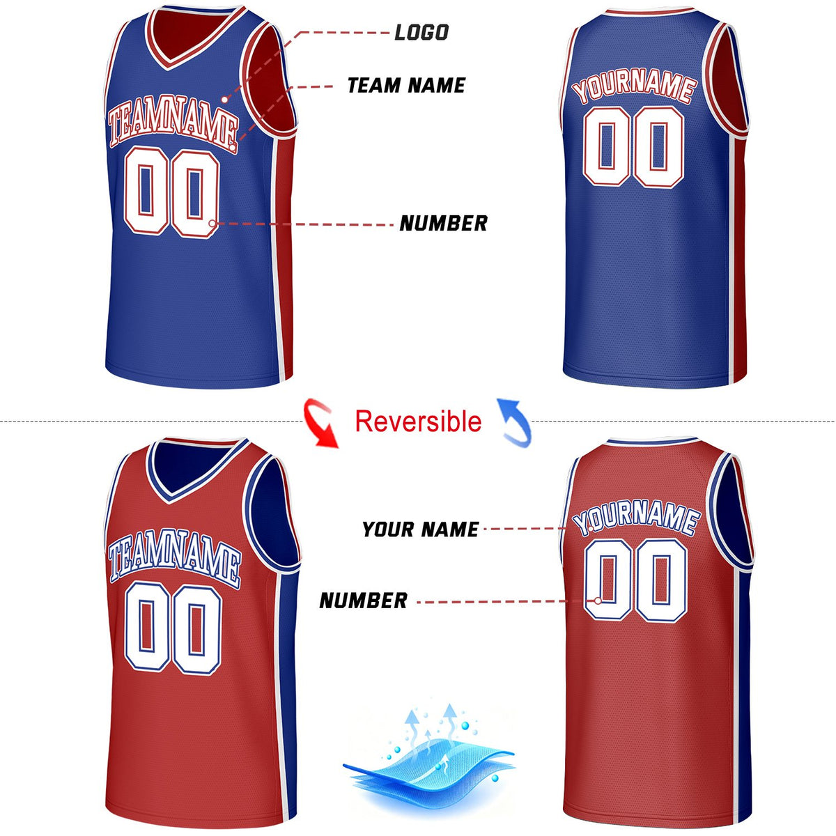 Custom Blue & Red Reversible Basketball Jersey | Personalized Team Jerseys with Name Number Logo